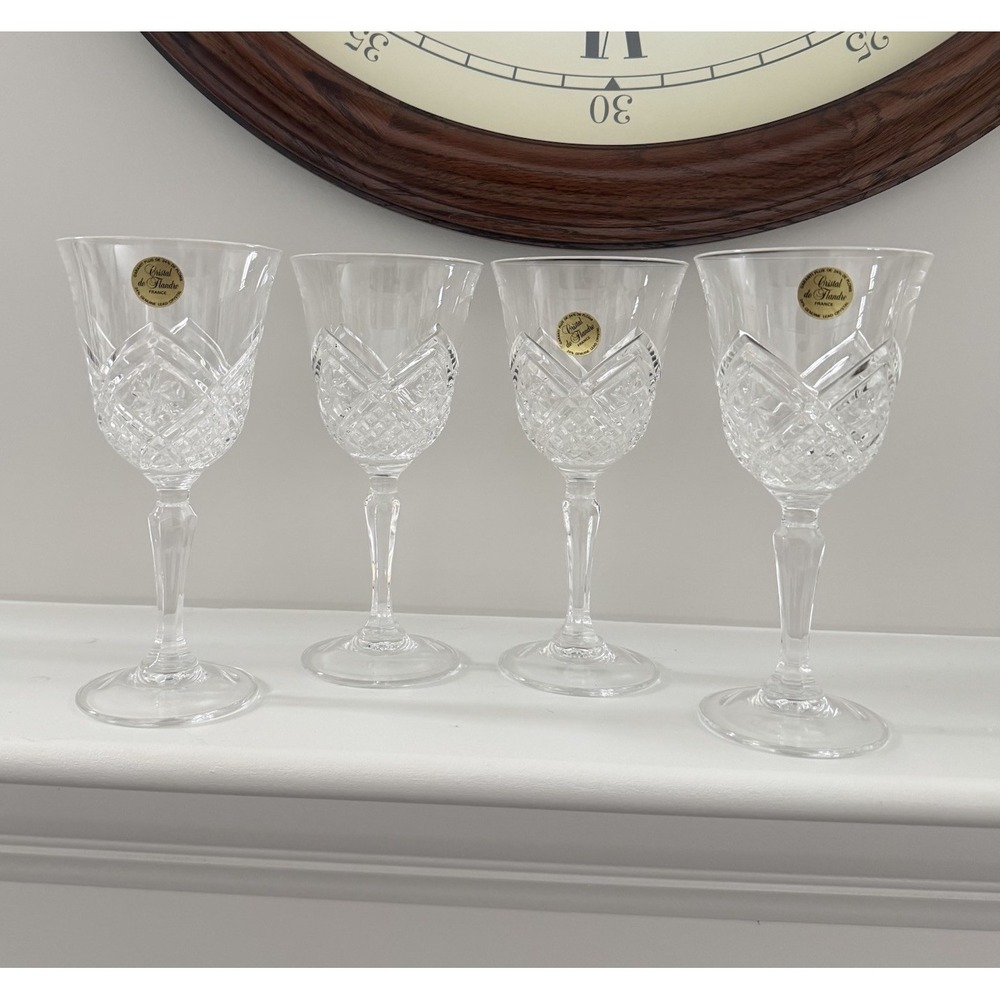 Crystal De Flandre France Genuine Lead Crystal Set Of 4 Glasses Water Wine EUC